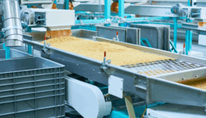 Pasta on food production line in a warehouse.