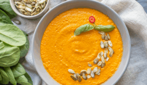 Pumpkin soup made from a soup production line for tinned soup.