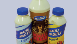 Bottles of Maheu beverages produced using a high-capacity commercial Maheu production system.
