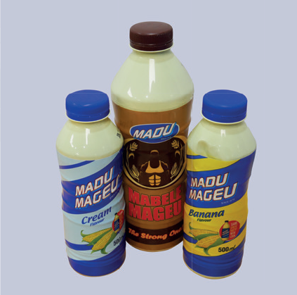 Bottles of Maheu beverages produced using a high-capacity commercial Maheu production system.