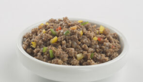 Prepared wet pet food in a bowl illustrating the final stage of the pet food production process before packaging.